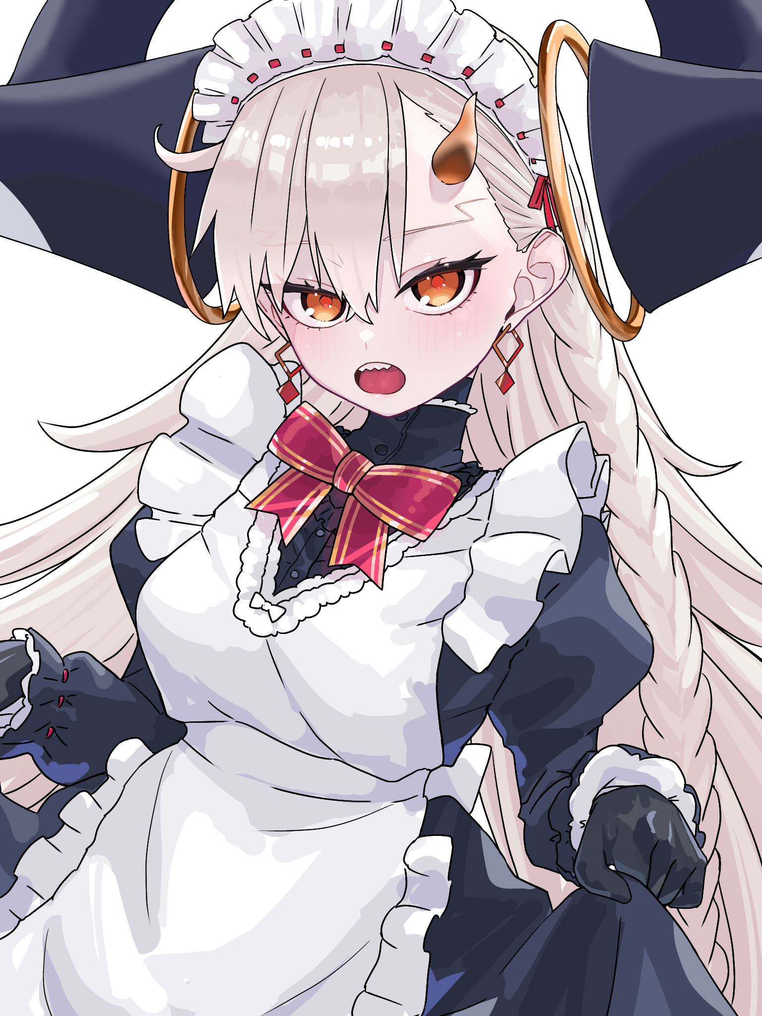 niwaikanai, olga marie animusphere, u-olga marie, fate/grand order, fate (series), highres, textless version, 1girl, apron, black dress, black gloves, blush, bow, bowtie, braid, breasts, detached horns, dress, earrings, gloves, horns, jewelry, long hair, long horns, long sleeves, looking at viewer, maid, maid headdress, medium breasts, open mouth, orange eyes, sharp teeth, solo, teeth, very long hair, white apron, white hair
