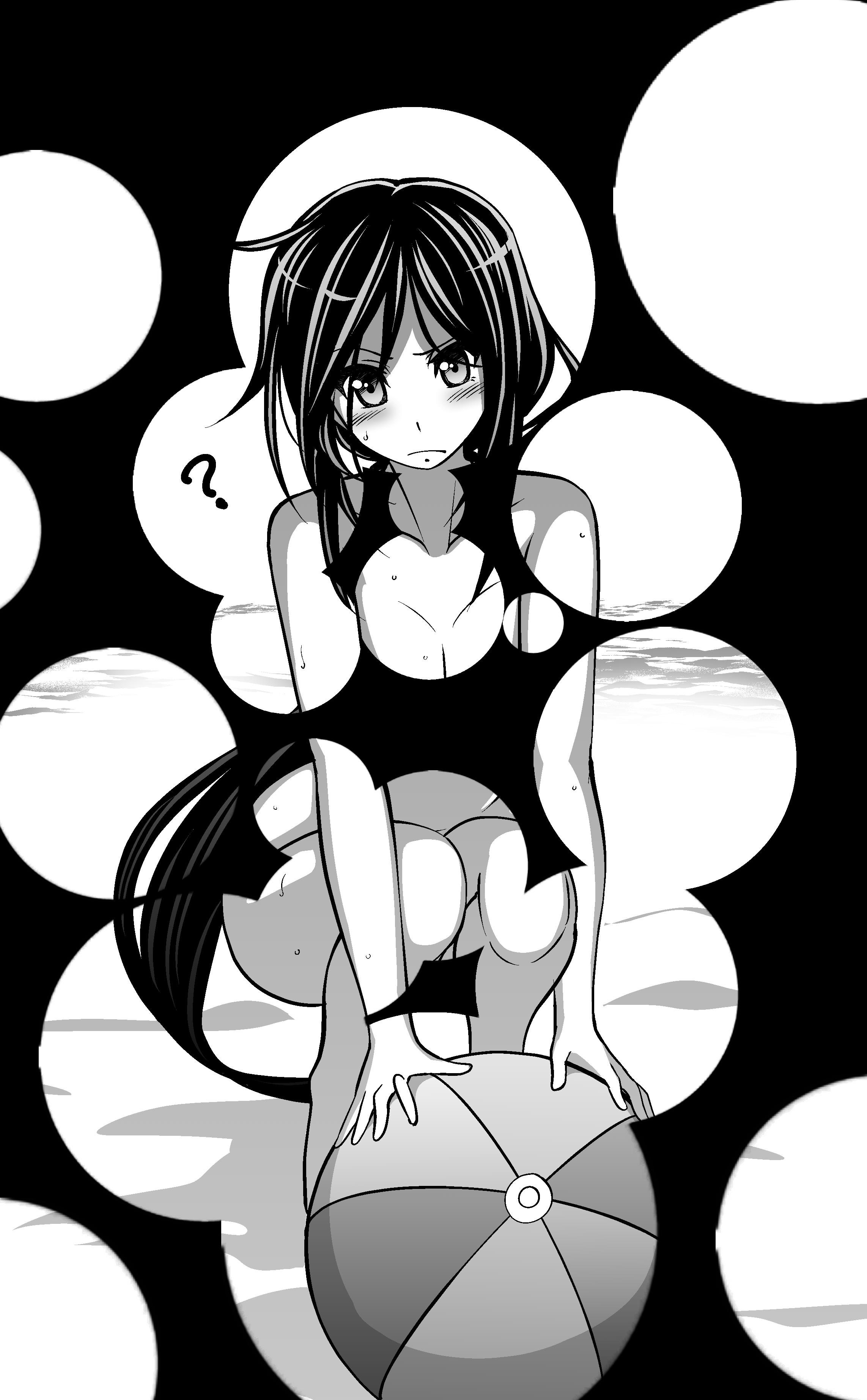 eibon, kunosato mio, chaos;child, science adventure, absurdres, highres, non-web source, 1girl, ball, bare shoulders, beach, black hair, blush, breasts, cleavage, collarbone, greyscale, holding, holding ball, large breasts, long hair, looking at viewer, medium breasts, monochrome, solo, squatting, very long hair