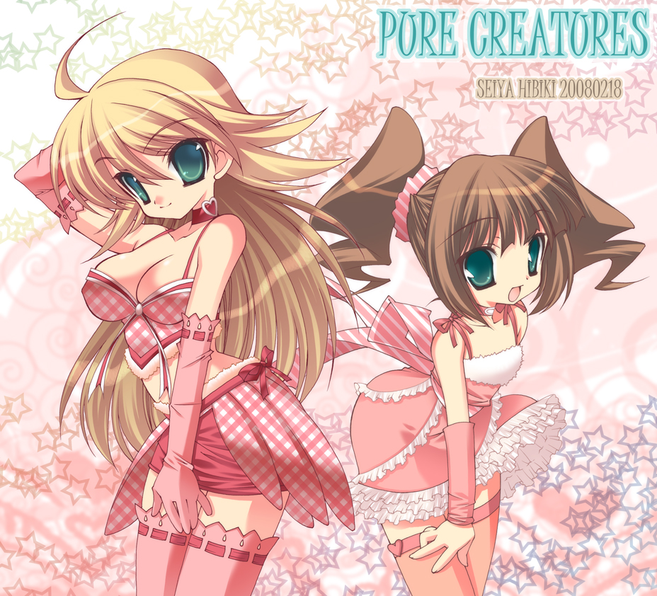 hibiki seiya, hoshii miki, takatsuki yayoi, idolmaster, idolmaster (classic), idolmaster 1, 00s, ahoge, blonde hair, brown hair, choker, cute & girly (idolmaster), elbow gloves, gloves, green eyes, hand on own thigh, long hair, ribbon, thighhighs, twintails, zettai ryouiki