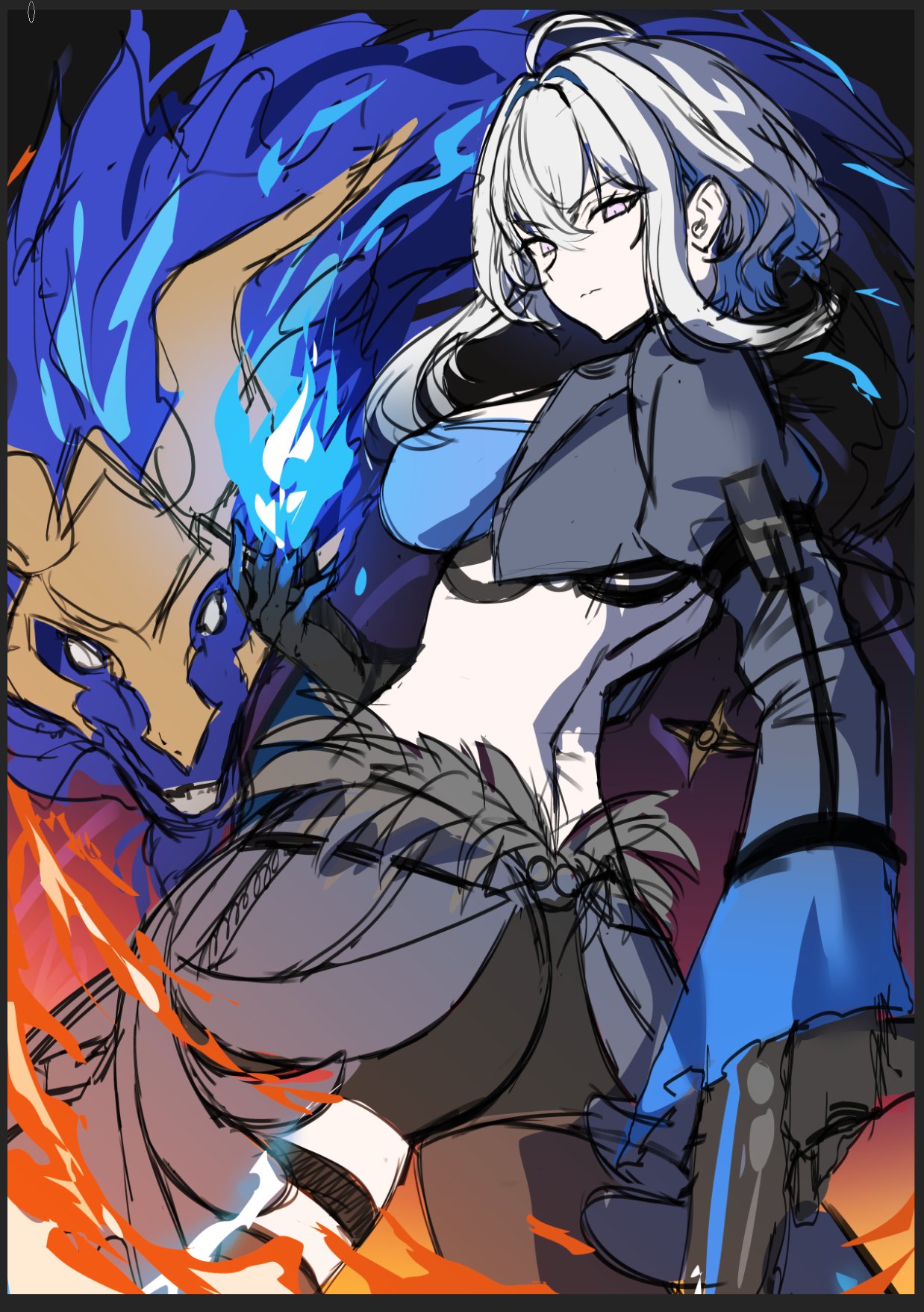 hiroki (hirokiart), galbrena (wuthering waves), wuthering waves, commentary, highres, unfinished, 1girl, ass, back, black jacket, black shorts, blue bra, bra, breasts, closed mouth, cropped jacket, from behind, grey hair, hand up, jacket, looking at viewer, looking back, medium breasts, medium hair, mutation, purple eyes, shorts, solo, tacet discord (wuthering waves), thigh strap, underwear