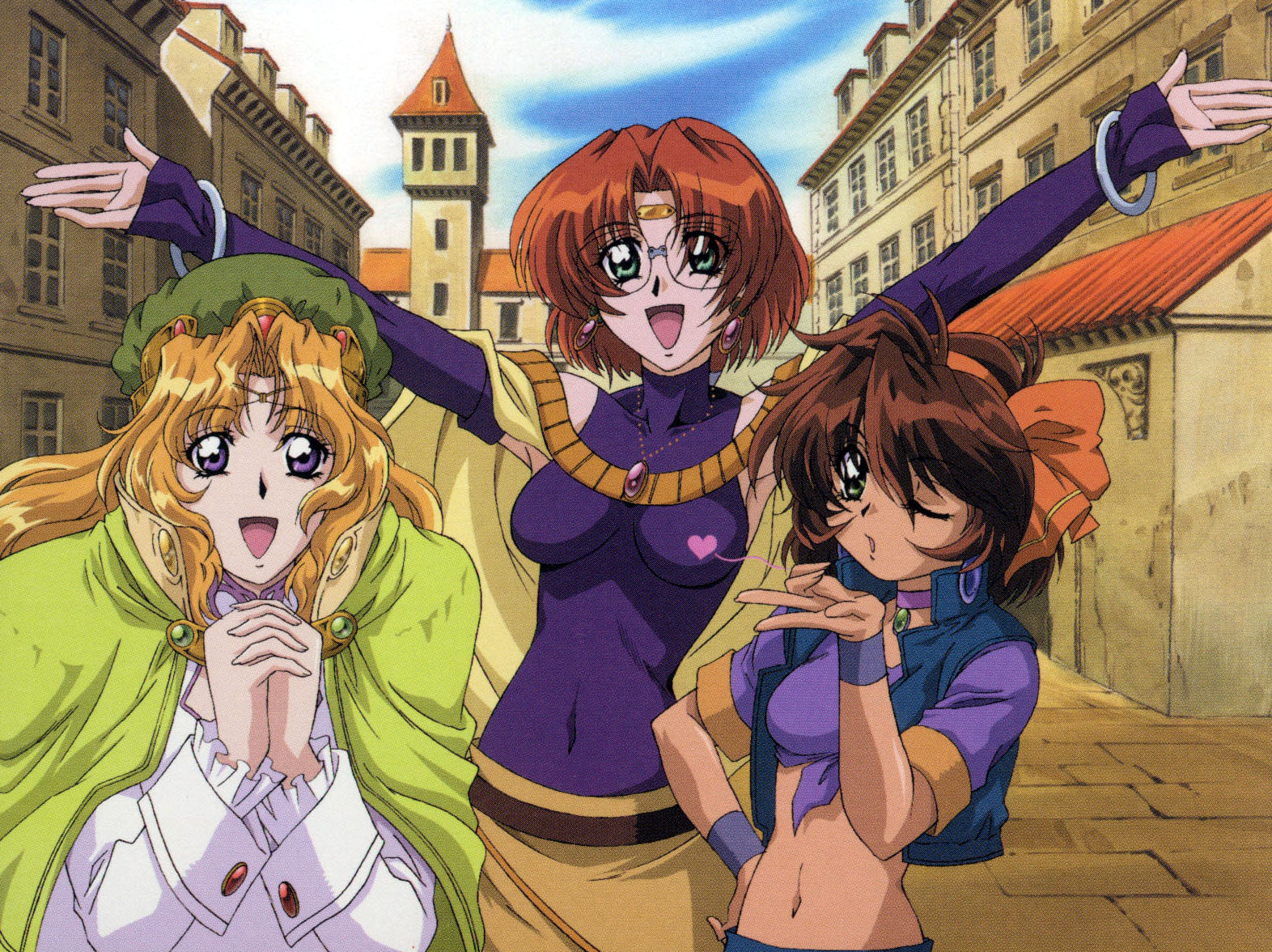 ila (mahou senshi louie), melissa (mahou senshi louie), merrill (mahou senshi louie), mahou senshi louie, 00s, 1990s (style), 3girls, belt, blonde hair, blowing kiss, bow, bracelet, brown hair, cape, choker, circlet, city, cloud, day, detached sleeves, earrings, glasses, green eyes, hair bow, hairband, hand on own hip, hat, heart, hip focus, hoop earrings, jewelry, kiss, long hair, midriff, multiple girls, navel, necklace, one eye closed, orange hair, outdoors, outstretched arms, own hands clasped, own hands together, pendant, purple eyes, retro artstyle, shirt, short hair, sky, smile, spread arms, tied shirt, turtleneck, wink, wristband