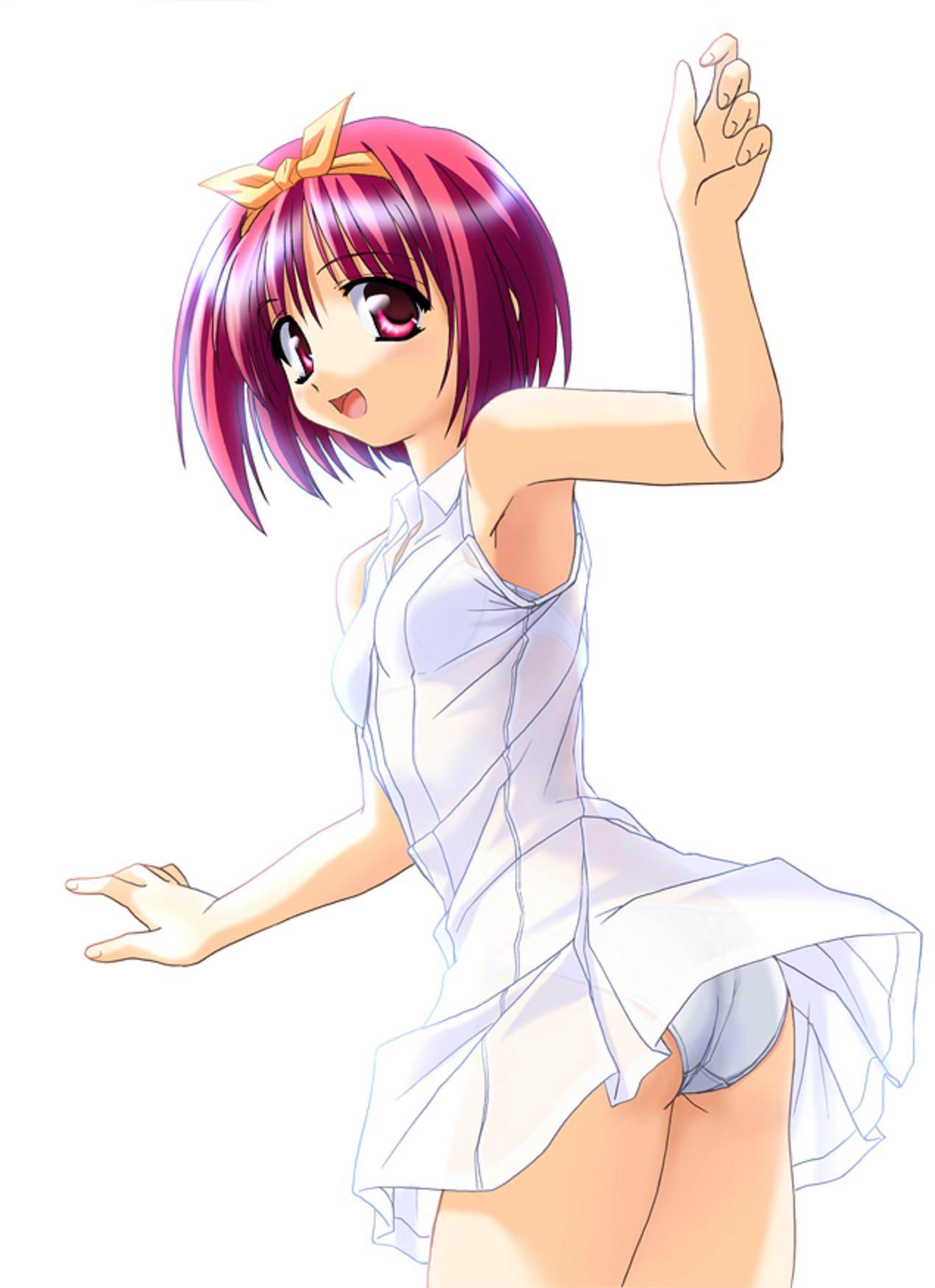 norizou type-r, kamigishi akari, to heart, to heart (series), highres, 1girl, bow, bra, bra peek, bra visible through clothes, dress, female focus, hairband, panties, pantyshot, red eyes, red hair, see-through clothes, simple background, solo, sundress, underwear, white background, yellow bow