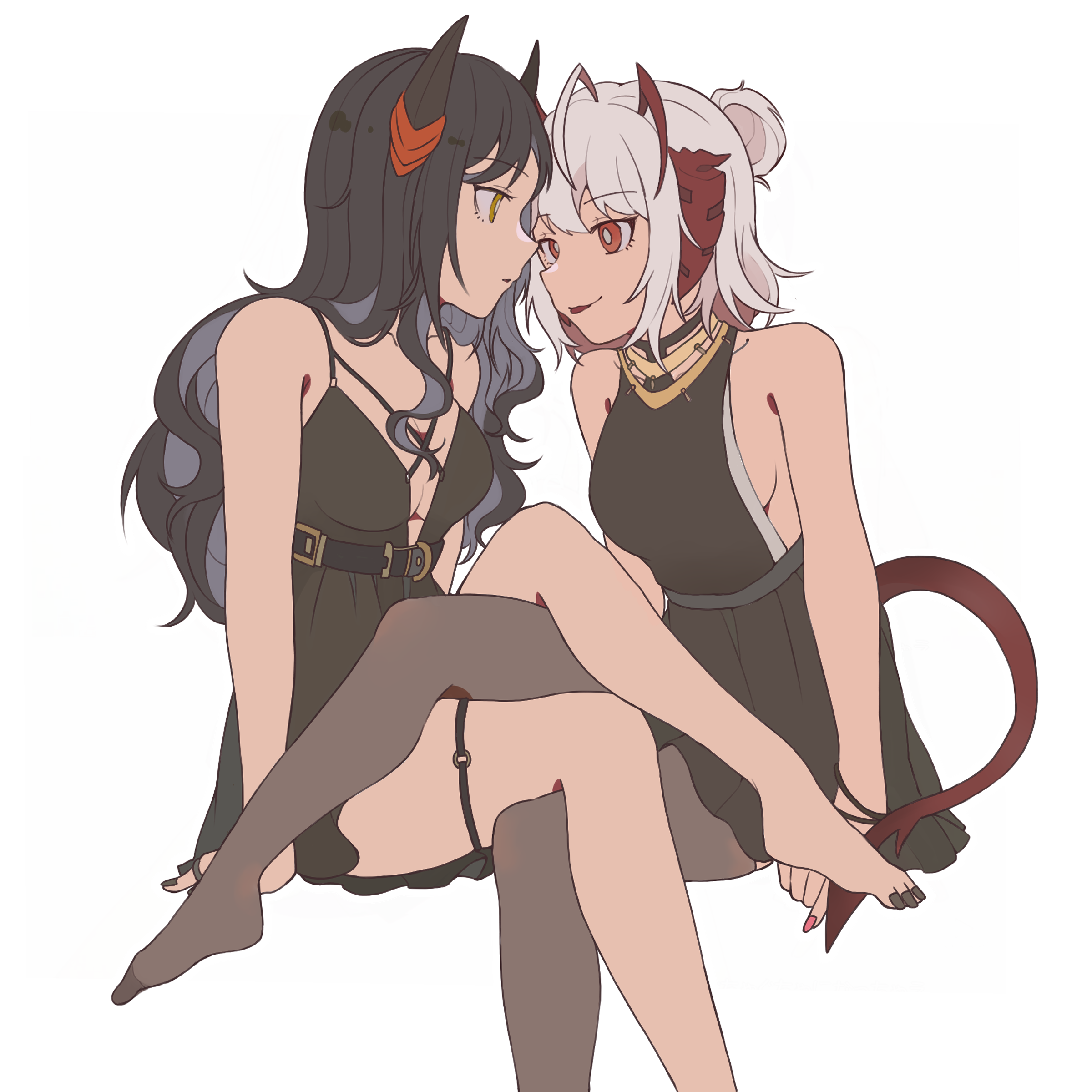 softtoast, ines (arknights), ines (melodic flutter) (arknights), w (arknights), ambience synesthesia, arknights, absurdres, chinese commentary, commentary request, highres, 2girls, ahoge, antenna hair, bare shoulders, belt, belt buckle, black belt, black dress, black hair, black nails, black shirt, black skirt, breasts, bright pupils, brown pantyhose, buckle, chest belt, cleavage, dress, eye contact, face-to-face, grey hair, long hair, looking at another, medium breasts, multicolored hair, multiple girls, nail polish, o-ring, o-ring thigh strap, official alternate costume, orange eyes, outline, pantyhose, parted lips, red tail, shirt, short hair, sideboob, simple background, skirt, sleeveless, sleeveless shirt, smile, spaghetti strap, streaked hair, tail, thigh strap, toenail polish, toenails, transparent background, white outline, white pupils, yellow eyes, yuri