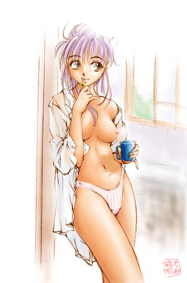 1girl, breasts, brown eyes, cup, female focus, medium breasts, mug, no bra, open clothes, open shirt, panties, purple hair, shirt, solo, toothbrush, underwear