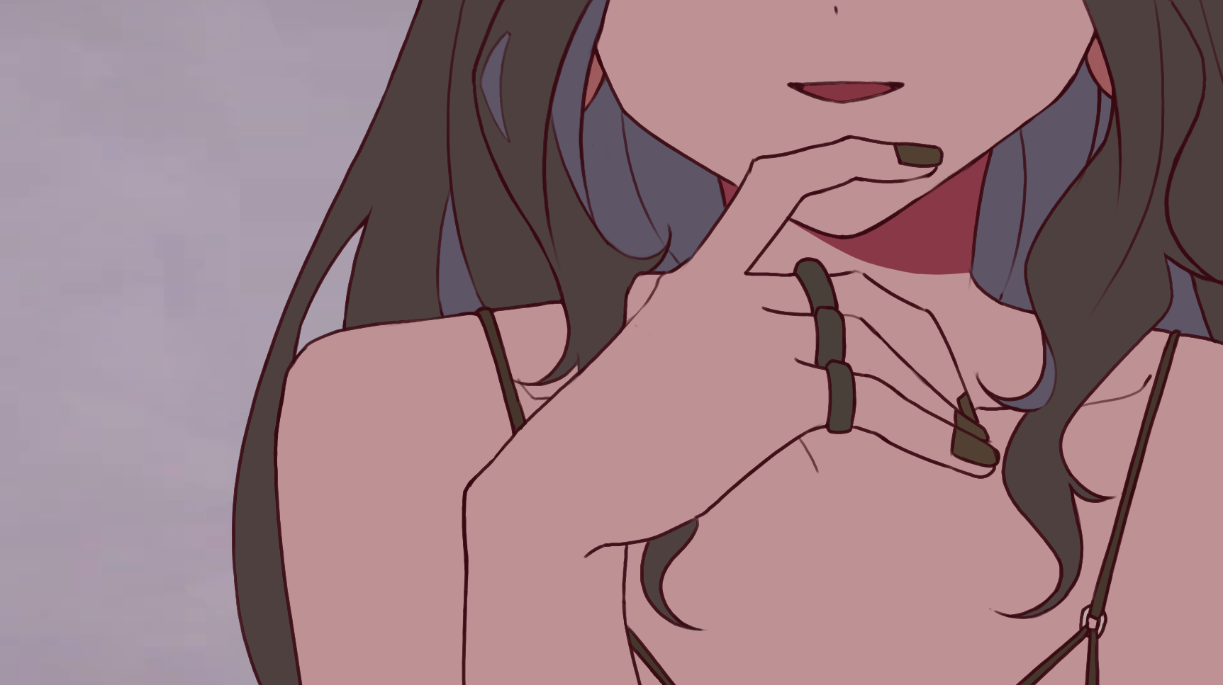 softtoast, ines (arknights), ines (melodic flutter) (arknights), ambience synesthesia, arknights, chinese commentary, commentary request, highres, 1girl, bare shoulders, black hair, black nails, close-up, fingernails, grey background, hand on own chin, head out of frame, jewelry, long hair, multiple rings, nail polish, official alternate costume, open mouth, ring, simple background, solo, spaghetti strap