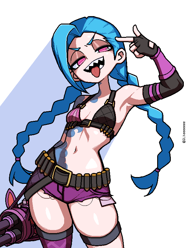 ji heeeeeee, jinx (league of legends), league of legends, commentary, korean commentary, 1girl, ammunition belt, aqua hair, armpits, braid, breasts, cleavage, cowboy shot, finger gun, finger gun to head, fingerless gloves, gatling gun, gloves, long hair, looking at viewer, low twin braids, minigun, navel, neck tattoo, open mouth, pink eyes, pointing, pointing at self, purple shorts, sharp teeth, shorts, shoulder tattoo, small breasts, solo, tattoo, teeth, tongue, tongue out, twin braids