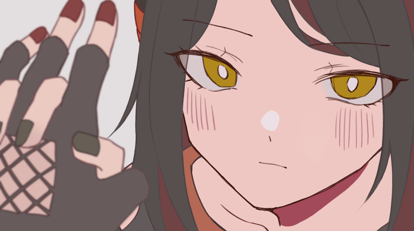 softtoast, ines (arknights), w (arknights), arknights, chinese commentary, commentary request, highres, 2girls, black gloves, black hair, black nails, blush, bright pupils, close-up, closed mouth, female pov, fingerless gloves, fingernails, gloves, grey background, holding hands, interlocked fingers, looking at viewer, multiple girls, nail polish, pov, pov hands, red nails, simple background, white pupils, yellow eyes, yuri