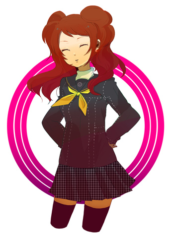 kujikawa rise, atlus, persona, persona 4, lowres, ^ ^, closed eyes, red hair, school uniform, serafuku, skirt, smile, solo, thighhighs, twintails
