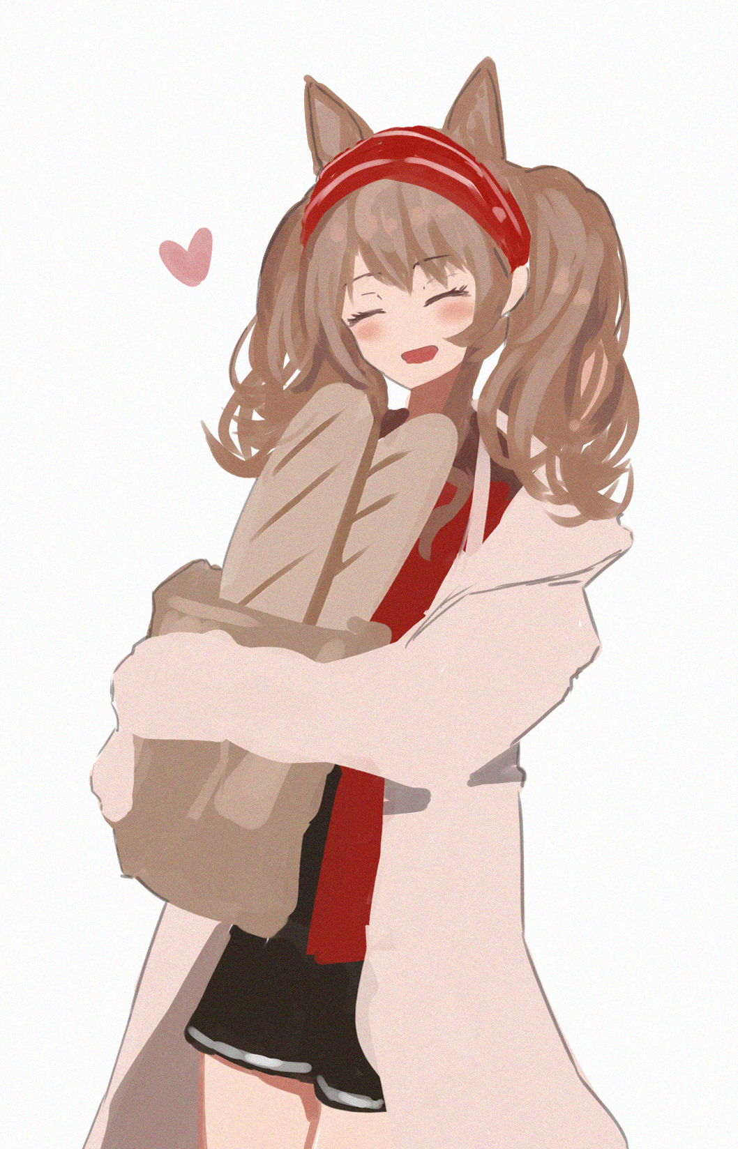 360 (taiyo360), angelina (arknights), arknights, commentary, highres, 1girl, animal ears, bag, baguette, bell, black shorts, blush, bread, brown hair, closed eyes, coat, cowbell, food, fox ears, fox girl, hairband, heart, holding, holding bag, jacket, long hair, long sleeves, no tail, open clothes, open coat, open jacket, paper bag, red hairband, red jacket, short shorts, shorts, simple background, solo, striped clothes, striped hairband, twintails, two-tone hairband, white background, white coat