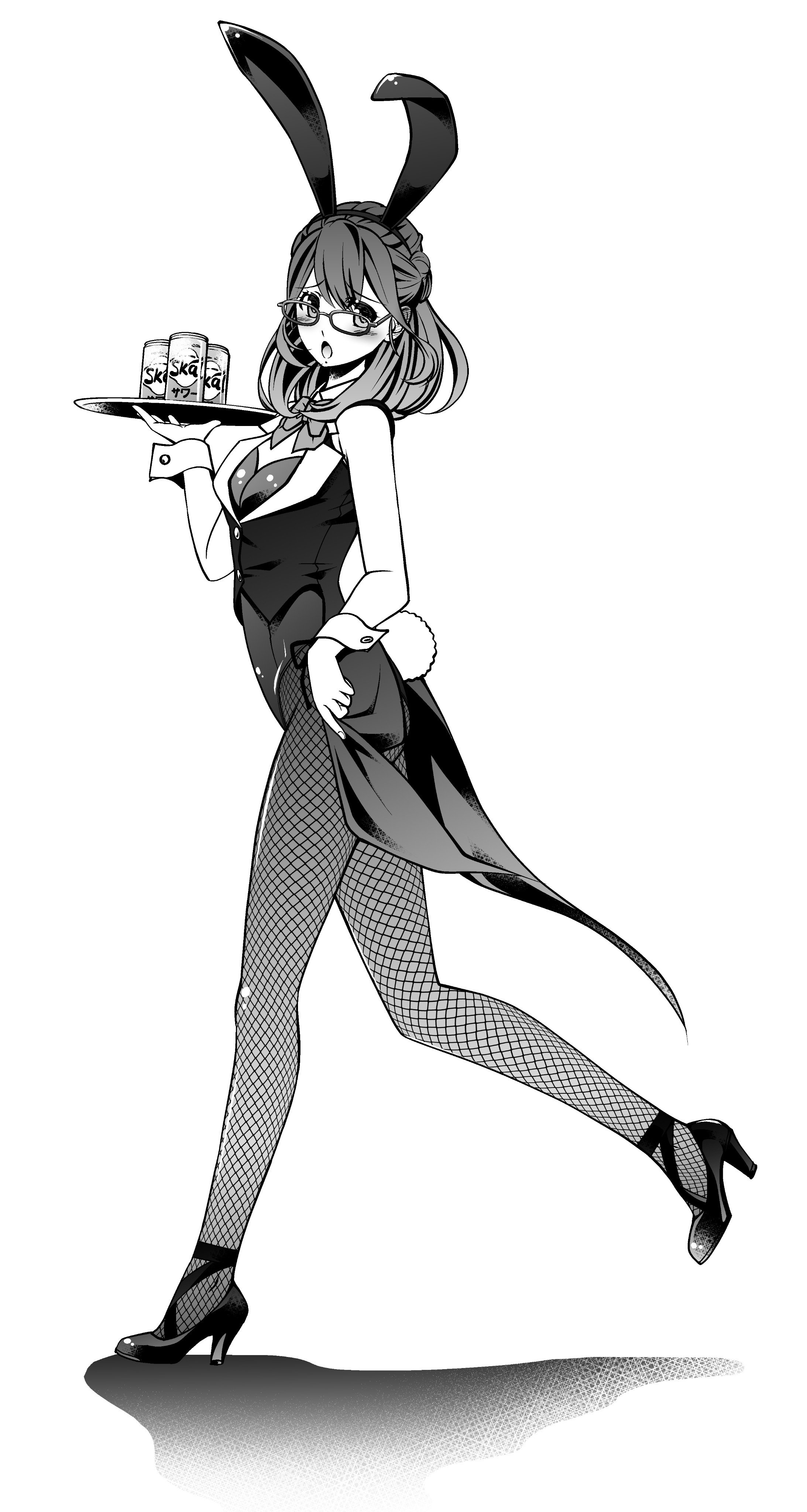 eibon, senomiya akiho, robotics;notes, science adventure, absurdres, highres, non-web source, 1girl, :o, animal ears, bare shoulders, blush, bow, bowtie, breasts, cleavage cutout, clothing cutout, cup, detached collar, fake animal ears, fishnets, full body, glasses, greyscale, high heels, holding, holding tray, leotard, long hair, looking at viewer, monochrome, open mouth, pantyhose, playboy bunny, rabbit ears, rabbit tail, simple background, skal, small breasts, solo, standing, tail, tailcoat playboy bunny, tongue, tray, white background, wrist cuffs