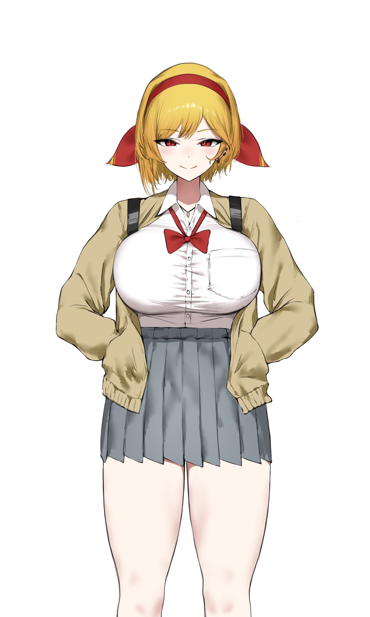 mulhubs, kaela kovalskia, hololive, hololive indonesia, highres, 1girl, alternate costume, blonde hair, breasts, hair petal, indonesian high school uniform, jacket, large breasts, looking at viewer, red eyes, school uniform, simple background, smile, solo, string bowtie, virtual youtuber, white background