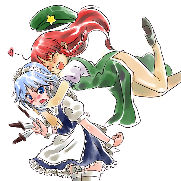 hong meiling, izayoi sakuya, embodiment of scarlet devil, touhou, white legwear, 2girls, between fingers, braid, female focus, garter straps, hat, heart, high heels, holding, hug, knife, multiple girls, shoes, thighhighs, throwing knife, twin braids, unworn hat, unworn headwear, weapon