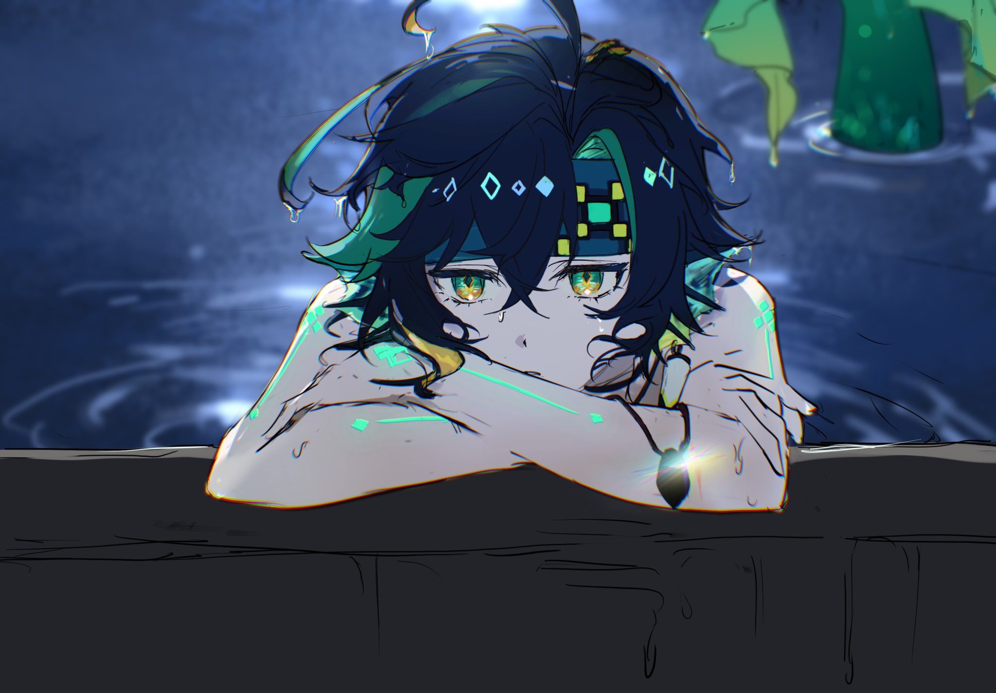 cidao84194, kinich (genshin impact), genshin impact, highres, 1boy, aqua headband, arm tattoo, crossed arms, green hair, headband, jewelry, looking at viewer, male focus, multicolored eyes, multicolored hair, night, short hair, solo, spiked ear piercing, tattoo, topless male, upper body, water