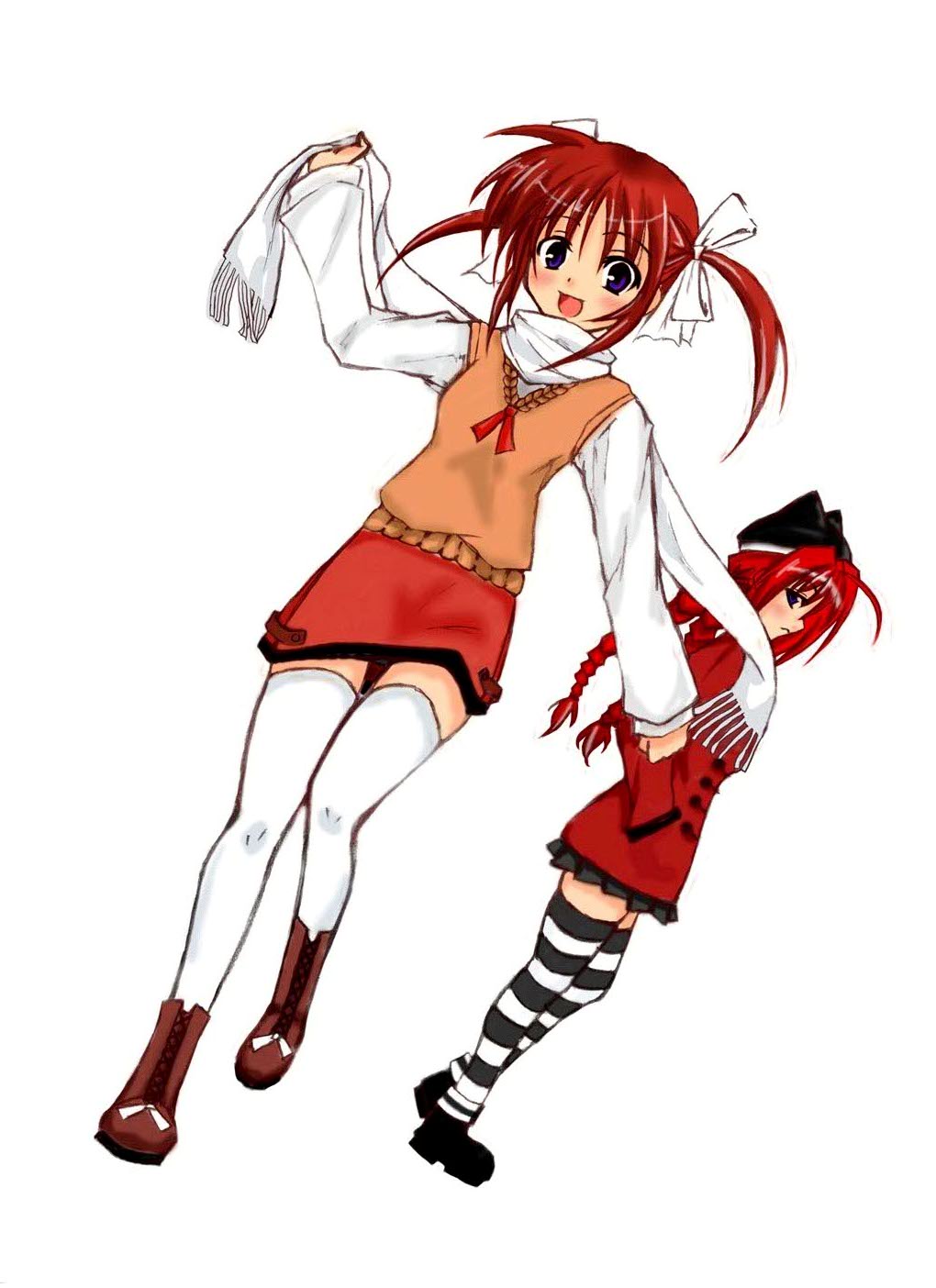 takamachi nanoha, vita (nanoha), lyrical nanoha, mahou shoujo lyrical nanoha, mahou shoujo lyrical nanoha a's, striped legwear, highres, 00s, 2girls, animal ears, female focus, full body, multiple girls, purple eyes, red hair, ribbon, scarf, simple background, socks, striped clothes, striped thighhighs, thighhighs, white background, zettai ryouiki
