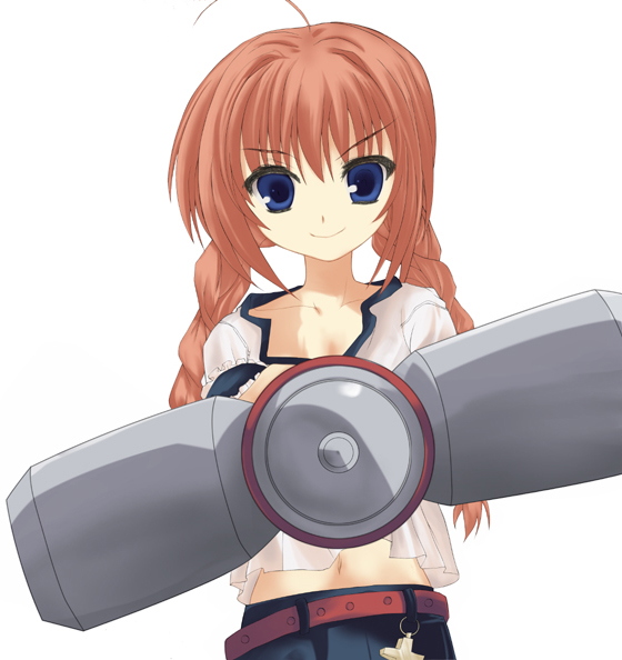 graf eisen, vita (nanoha), lyrical nanoha, mahou shoujo lyrical nanoha, mahou shoujo lyrical nanoha a's, 00s, 1girl, ahoge, belt, blue eyes, blush, braid, buckle, collarbone, cowboy shot, female focus, long hair, looking at viewer, navel, pants, shirt, simple background, solo, twin braids, white background, white shirt