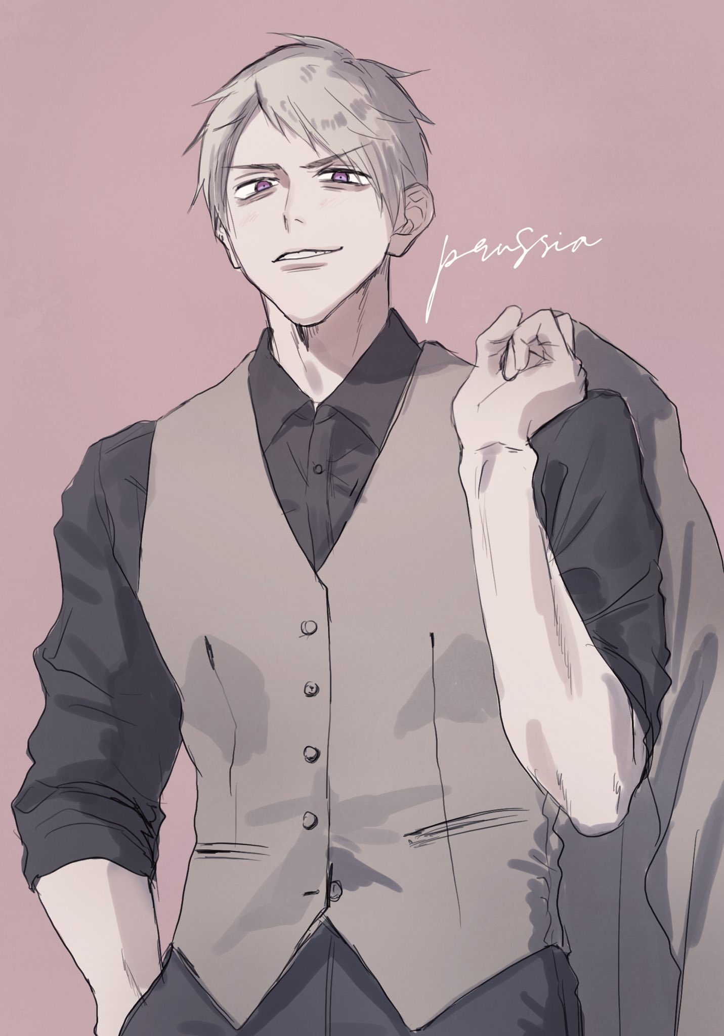 prussia (hetalia), axis powers hetalia, commentary request, highres, 1boy, ago fish, black pants, black shirt, buttons, character name, collared shirt, cowboy shot, grey hair, grey jacket, grey vest, hand in pocket, hand up, holding, holding jacket, holding unworn clothes, jacket, long sleeves, looking at viewer, male focus, pants, pink background, purple eyes, shirt, short hair, simple background, smile, solo, standing, teeth, unworn jacket, v-shaped eyebrows, vest