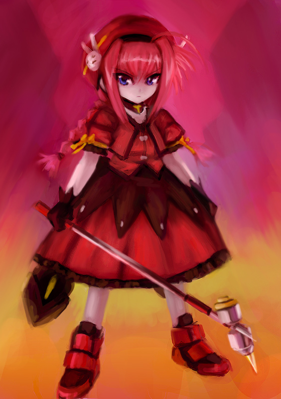 graf eisen, vita (nanoha), lyrical nanoha, mahou shoujo lyrical nanoha, mahou shoujo lyrical nanoha a's, 00s, 1girl, ahoge, beret, black gloves, dress, female focus, full body, gloves, hair ornament, hammer, hat, holding, holding weapon, legs apart, looking at viewer, puffy short sleeves, puffy sleeves, rabbit hair ornament, red dress, red hair, shoes, short hair, short sleeves, solo, standing, weapon