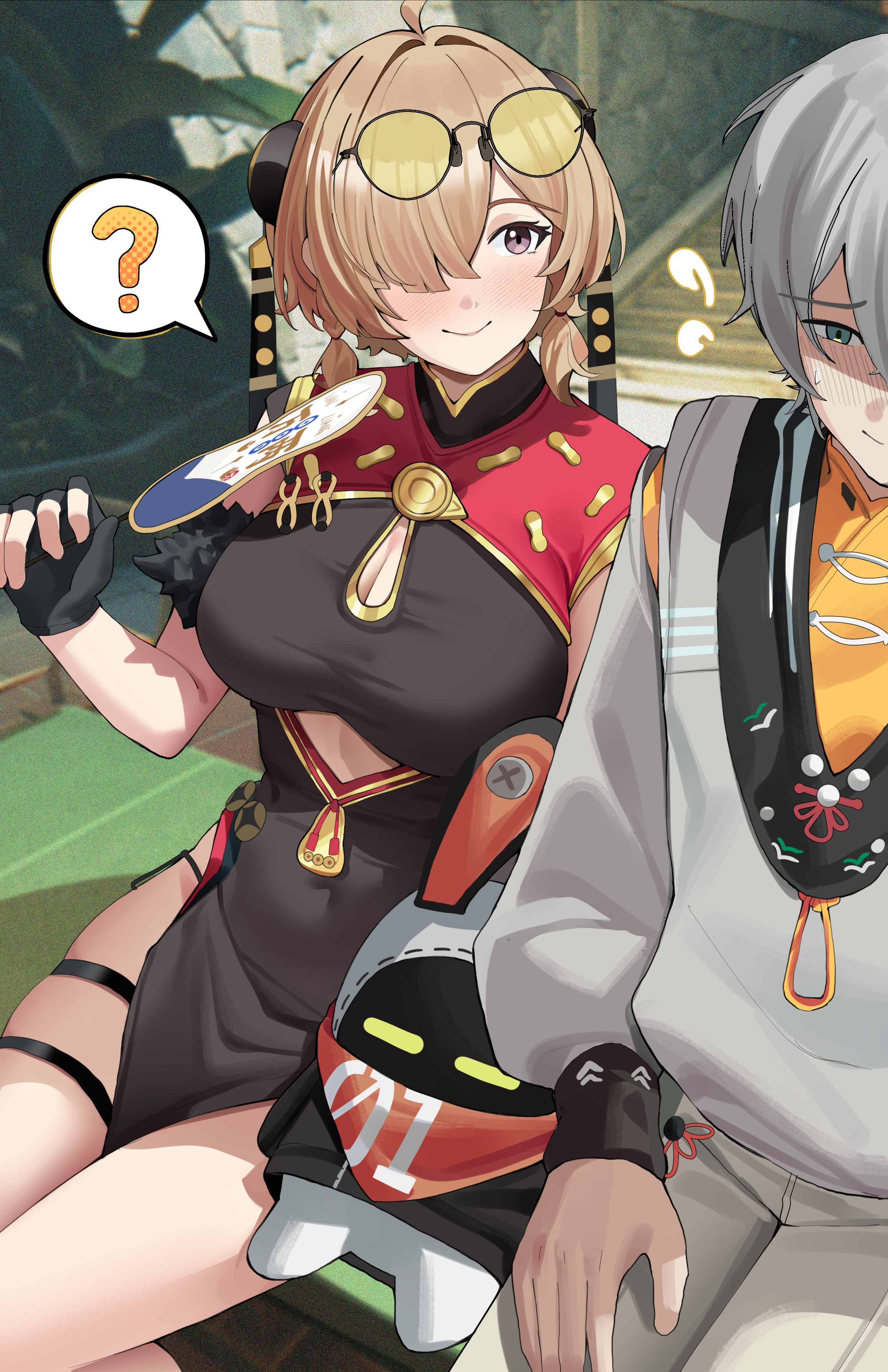 haerge, bangboo (zenless zone zero), eous (zenless zone zero), sweety (zenless zone zero), wise (soaring crane) (zenless zone zero), wise (zenless zone zero), zenless zone zero, absurdres, highres, 1boy, 1girl, 1other, ?, black dress, blonde hair, blush, china dress, chinese clothes, clothing aside, clothing cutout, cutout above navel, dress, eyewear on head, fingerless gloves, gloves, green eyes, grey hair, grey pants, grey shirt, hair ornament, hair over one eye, hand fan, hand on own leg, holding, holding fan, looking at another, looking to the side, orange-tinted eyewear, pants, pelvic curtain, pelvic curtain aside, purple eyes, shirt, single fingerless glove, smile, speech bubble, sunglasses, sweat, thigh strap, tinted eyewear, underboob cutout, yellow-tinted eyewear