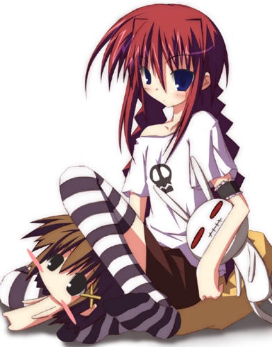vita (nanoha), yagami hayate, lyrical nanoha, mahou shoujo lyrical nanoha, mahou shoujo lyrical nanoha a's, striped legwear, lowres, 00s, 2girls, multiple girls, shirt, striped clothes, striped thighhighs, t-shirt, thighhighs