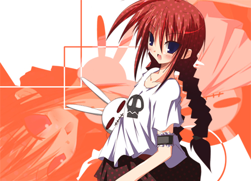 vita (nanoha), lyrical nanoha, mahou shoujo lyrical nanoha, mahou shoujo lyrical nanoha a's, lowres, 00s, 1girl, :d, = =, armlet, blue eyes, blush, braid, collarbone, contemporary, cowboy shot, creature, female focus, jewelry, looking at viewer, open mouth, peeking, shirt, skull print, smile, solo, t-shirt, twin braids