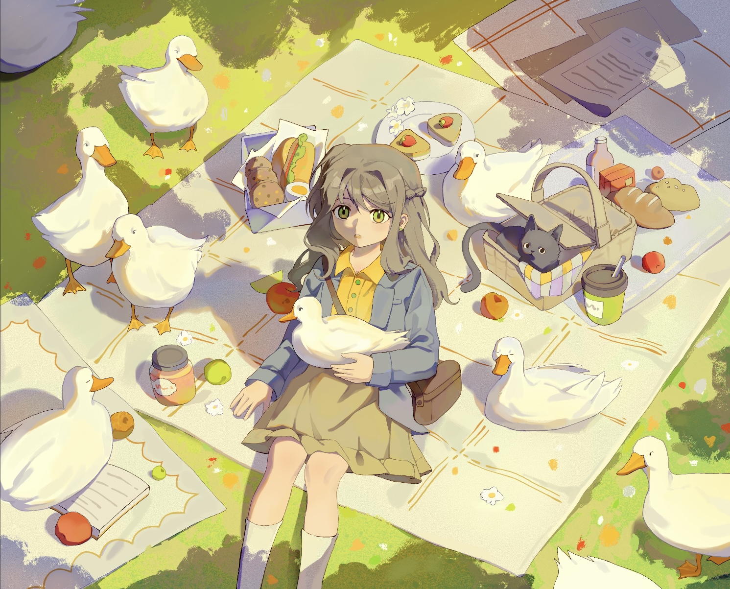chaojufei, original, commentary, highres, 1girl, bird, book, bread, burger, cat, cookie, duck, food, fruit, green eyes, jar, long hair, open book, picnic, picnic basket, picnic blanket, strawberry