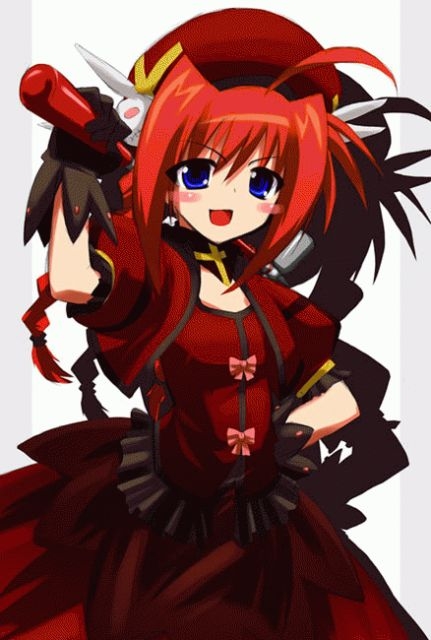 graf eisen, vita (nanoha), lyrical nanoha, mahou shoujo lyrical nanoha, mahou shoujo lyrical nanoha a's, 00s, 1girl, :d, ahoge, beret, blush, collarbone, dress, female focus, hat, looking at viewer, open mouth, puffy short sleeves, puffy sleeves, red dress, short sleeves, simple background, smile, solo, white background