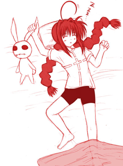 vita (nanoha), lyrical nanoha, mahou shoujo lyrical nanoha, mahou shoujo lyrical nanoha a's, 00s, 1girl, bike shorts, female focus, monochrome, red theme, shirt, sleeping, solo, t-shirt