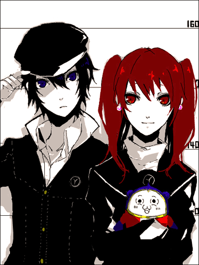 arisaka ako, kujikawa rise, kuma (persona 4), shirogane naoto, atlus, persona, persona 4, 2girls, androgynous, black hair, blue eyes, blue hair, carrying, couple, earrings, hat, height chart, jewelry, long hair, mugshot, multiple girls, newsboy cap, partially colored, popped collar, red eyes, red hair, reverse trap, school uniform, serafuku, twintails