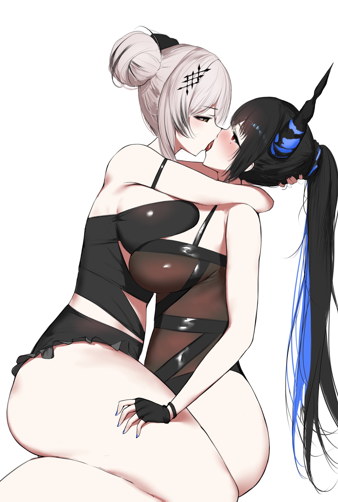 mulhubs, nerissa ravencroft, nerissa ravencroft (holonatsu paradise), shiori novella, shiori novella (holonatsu paradise), hololive, hololive english, holonatsu paradise, highres, 2girls, arm strap, ass, asymmetrical docking, asymmetrical horns, bikini, black hair, black one-piece swimsuit, blue hair, breast press, breasts, colored inner hair, double bun, fingerless gloves, french kiss, frilled bikini, frills, from side, gloves, hair bun, hair ornament, hashtag hair ornament, horns, kiss, large breasts, long hair, mole, mole under eye, multicolored hair, multiple girls, official alternate costume, official alternate hairstyle, one-piece swimsuit, ponytail, red eyes, simple background, swimsuit, two-tone hair, very long hair, virtual youtuber, white background, yuri