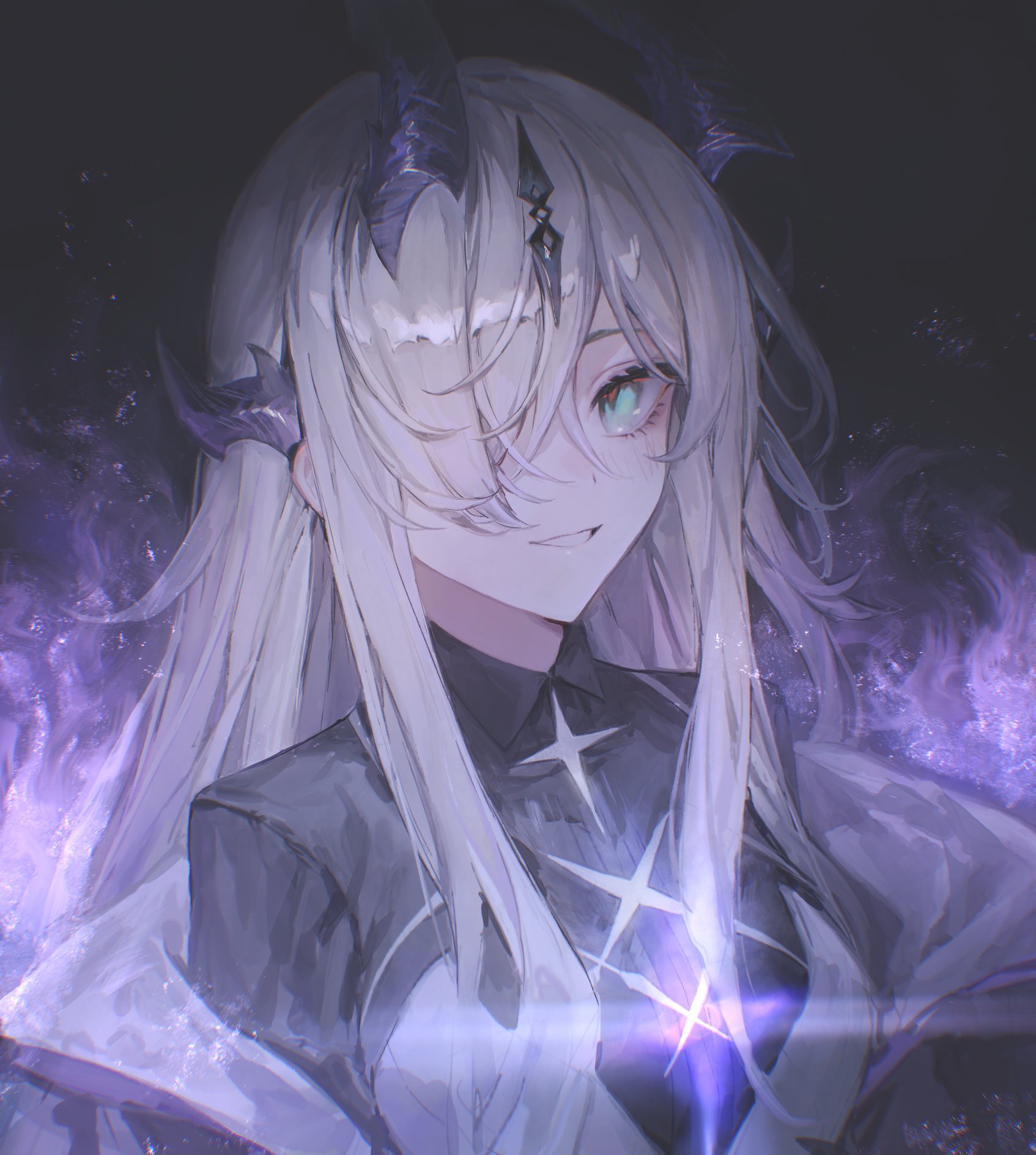yamiiv, necrass (arknights), arknights, highres, 1girl, :d, aqua eyes, black horns, black shirt, collared shirt, grey hair, grin, hair over one eye, horns, light particles, long hair, looking at viewer, magic, one eye covered, open mouth, portrait, shirt, smile, solo
