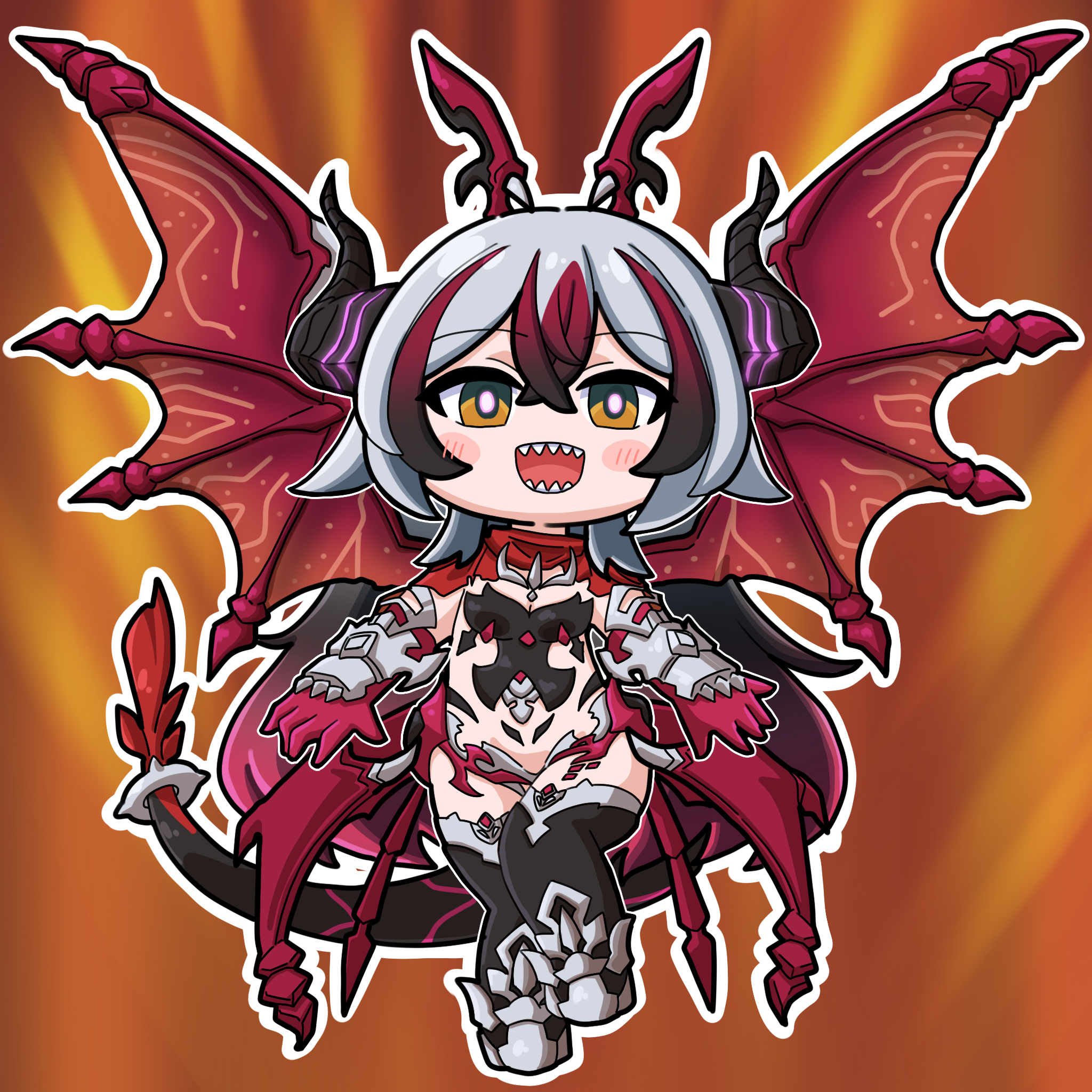 mokkyo (motkyo), coralie 6626 planck, honkai (series), honkai impact 3rd, commentary request, highres, 1girl, :d, black boots, black hair, blush stickers, boots, breasts, brown background, brown eyes, chibi, dragon girl, dragon horns, dragon tail, dragon wings, elbow gloves, full body, gloves, gradient hair, grey hair, hair between eyes, horns, multicolored hair, open mouth, purple hair, red gloves, red hair, red wings, revealing clothes, sharp teeth, small breasts, smile, solo, tail, teeth, thigh boots, two-tone hair, wings