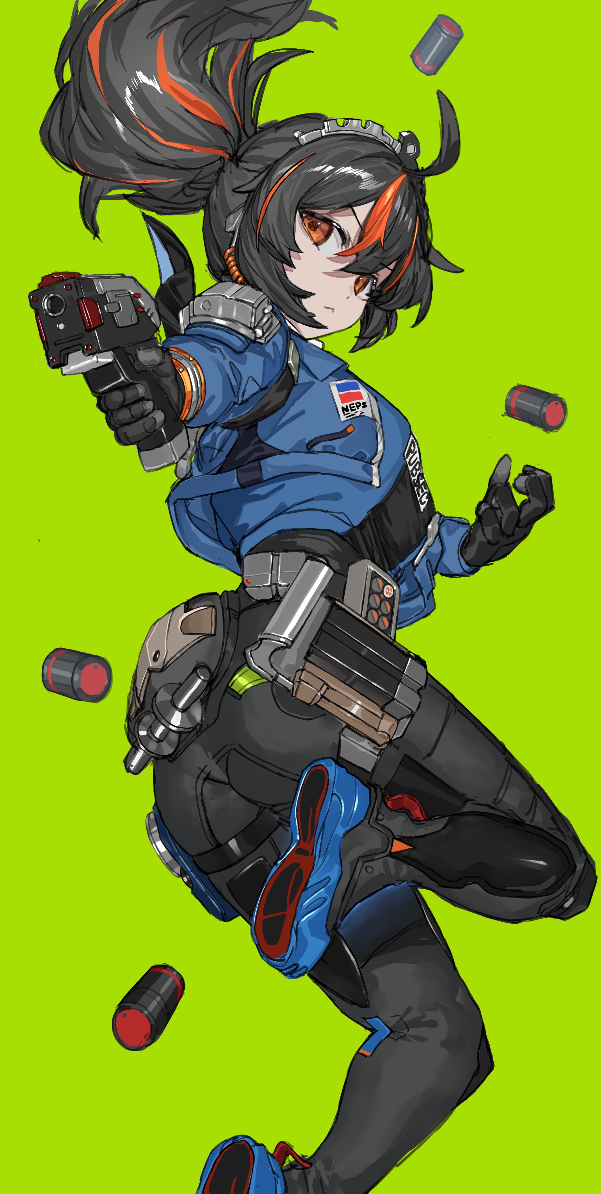 ranf, zhu yuan, zenless zone zero, absurdres, highres, 1girl, black gloves, black hair, blue jacket, bullet, closed mouth, gloves, green background, gun, hairband, handgun, handlebar, high-waist pants, holding, holding handlebar, holding weapon, holster, jacket, leg up, metal hairband, multicolored hair, orange eyes, pants, police, police badge, police uniform, policewoman, ponytail, red hair, red streaks, shoulder holster, solo, streaked hair, tight clothes, tight pants, weapon