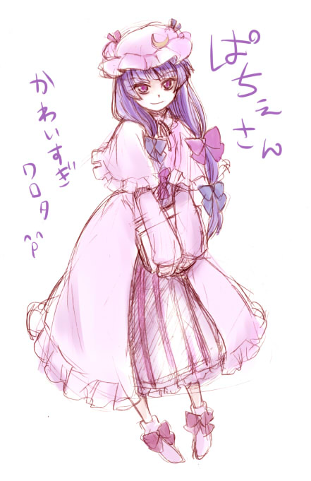 matilda (matildax), patchouli knowledge, touhou, 1girl, book, bow, capelet, crescent, female focus, hair bow, hat, holding, holding book, hugging book, hugging object, long hair, multiple hair bows, pink bow, robe, sidelocks, sketch, smile, solo, standing, tsurime