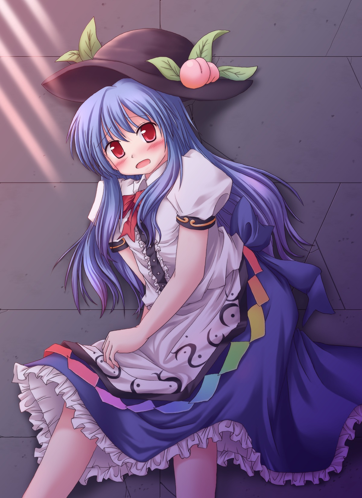lzh, hinanawi tenshi, touhou, highres, 1girl, black hat, blue bow, blue hair, blue skirt, blush, bow, buttons, collared shirt, cowboy shot, female focus, food, frilled skirt, frills, fruit, hat, hat ornament, long hair, looking at viewer, open mouth, peach, puffy short sleeves, puffy sleeves, red bow, ribbon, sash, shirt, shirt bow, short sleeves, skirt, skirt set, solo, white shirt