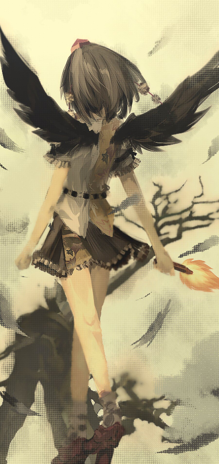 yoshioka yoshiko, shameimaru aya, touhou, 1girl, back, black hair, black wings, female focus, from behind, geta, hat, leaf, maple leaf, skirt, solo, tengu-geta, tokin hat, wings