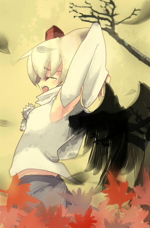 yoshioka yoshiko, inubashiri momiji, touhou, 1girl, armpits, closed eyes, detached sleeves, female focus, leaf, maple leaf, open mouth, outdoors, plant, profile, solo, standing, wings, yawning