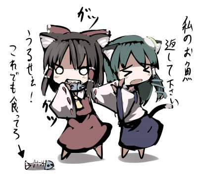 gatau, hakurei reimu, kochiya sanae, touhou, lowres, translated, 2girls, animal ears, cat ears, cat girl, cat tail, eating, female focus, fish, full body, japanese clothes, kemonomimi mode, miko, multiple girls, simple background, tail, white background