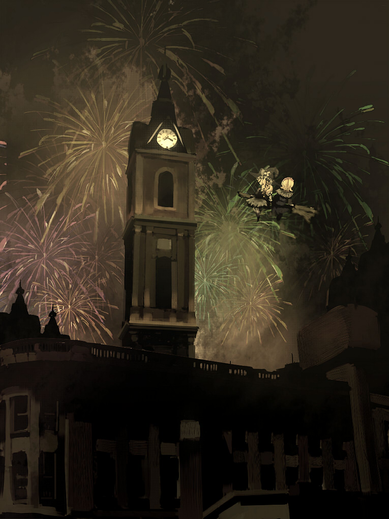 yoshioka yoshiko, alice margatroid, kirisame marisa, touhou, 2girls, aerial fireworks, blonde hair, broom, broom riding, clock, clock tower, female focus, fireworks, multiple girls, multiple riders, night, sidesaddle, tower