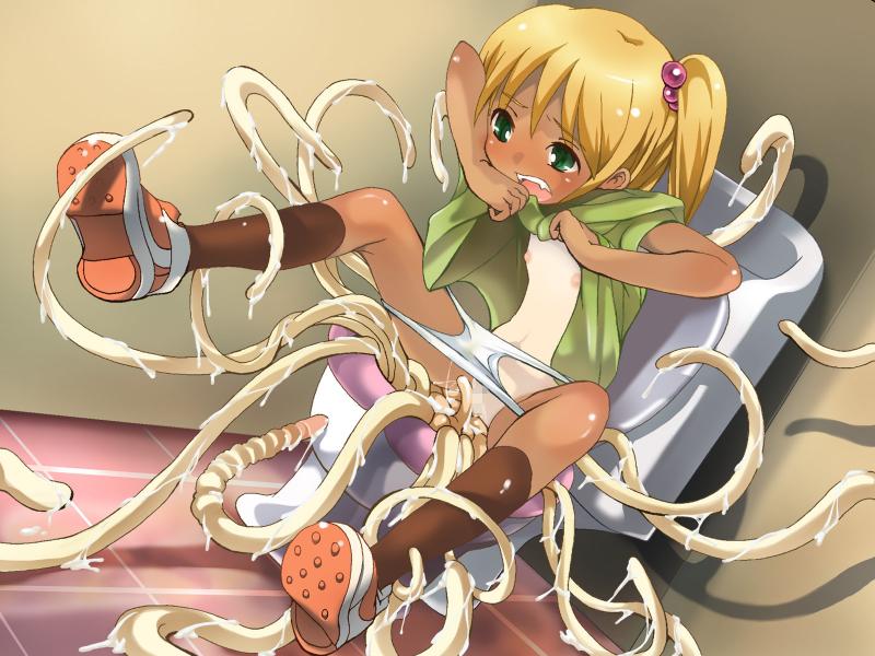 f4u, f4u (naitou2), mikoto (shokushu gakkyuu), non-web source, 1girl, blonde hair, censored, clothes lift, dutch angle, female focus, flat chest, green eyes, gyaru, loli, medium hair, mosaic censoring, nipples, one-piece tan, open mouth, panties, panty pull, rape, shadow, shirt lift, side ponytail, sitting, solo, tan, tanline, tentacles, toilet, underwear