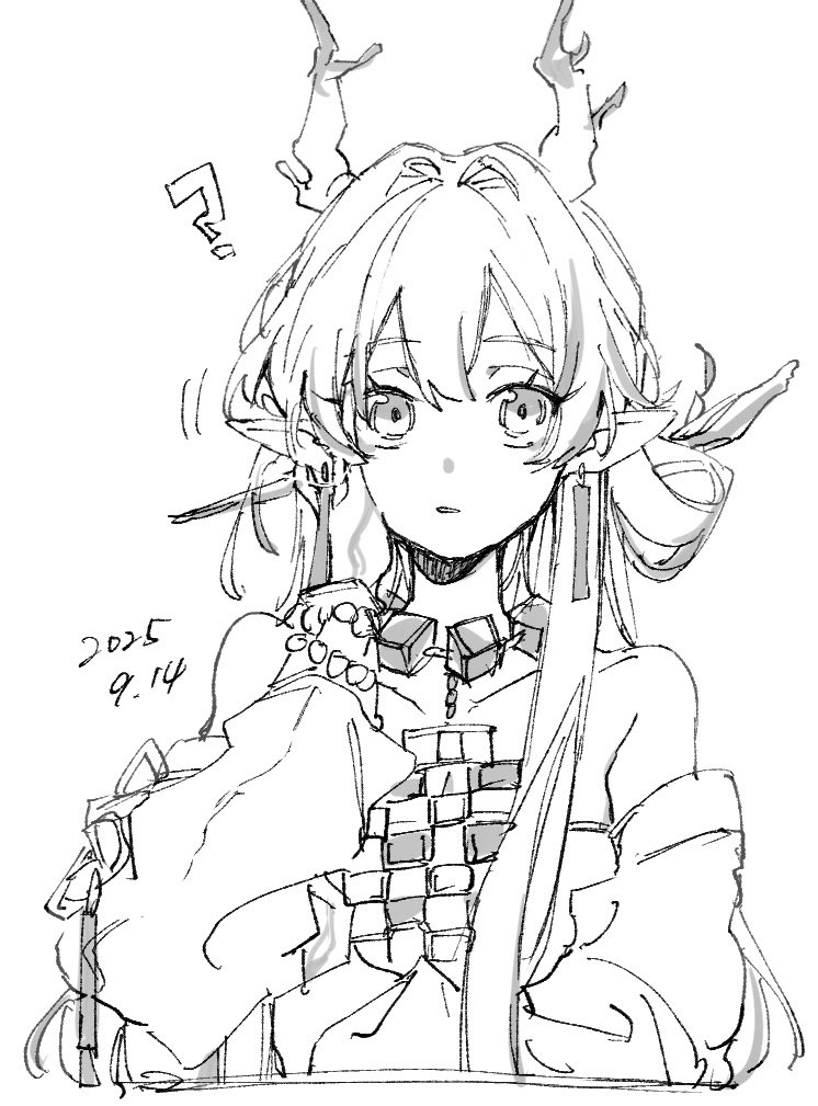 shu (arknights), arknights, 1girl, ?, anohito human, bare shoulders, cropped torso, dated, earrings, greyscale, hand on own ear, jacket, jewelry, long hair, long sleeves, looking at viewer, monochrome, necklace, off shoulder, parted lips, pointy ears, simple background, sketch, solo, white background
