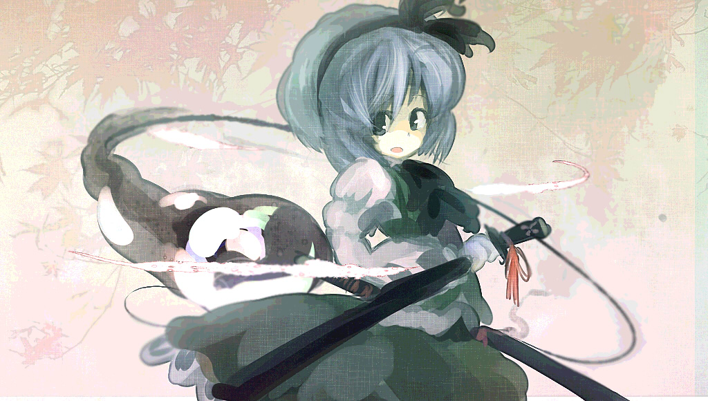 yoshioka yoshiko, konpaku youmu, konpaku youmu (ghost), touhou, 1girl, female focus, hitodama, katana, scabbard, sheath, solo, sword, weapon