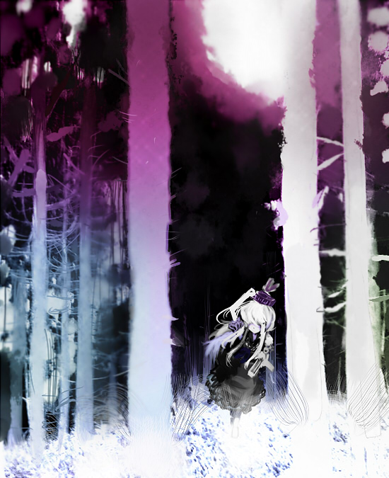 yoshioka yoshiko, kamishirasawa keine, touhou, 1girl, female focus, forest, hair over eyes, monochrome, moon, nature, night, purple theme, scenery, solo, walking