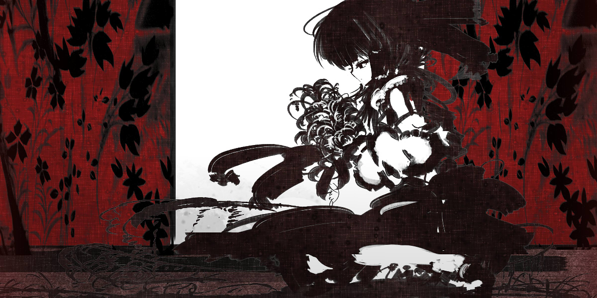 yoshioka yoshiko, hakurei reimu, touhou, 1girl, bouquet, female focus, flower, profile, screen, sitting, solo