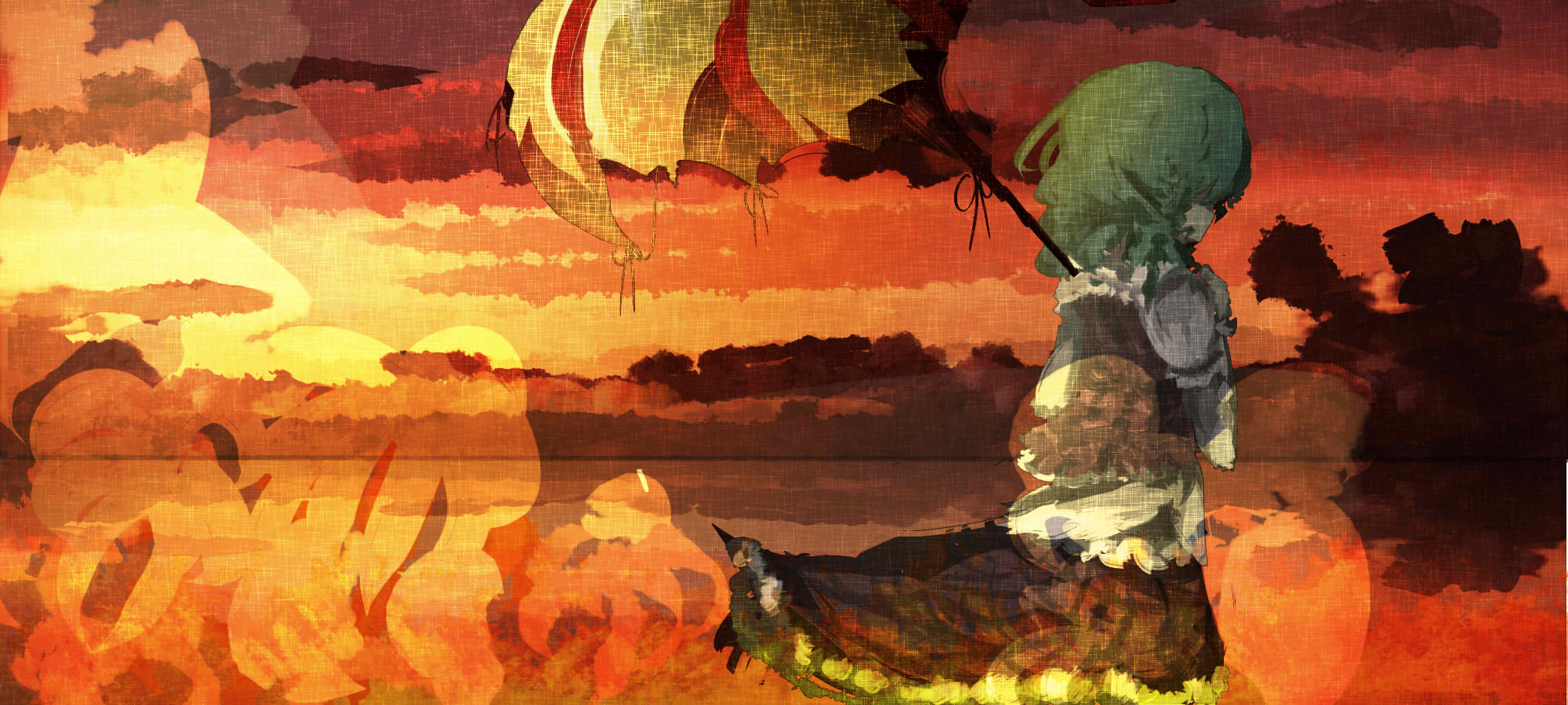 yoshioka yoshiko, kazami yuuka, touhou, highres, 1girl, faux traditional media, female focus, green hair, nature, parasol, plaid clothes, plaid skirt, plaid vest, short hair, skirt, skirt set, solo, sunset, umbrella, vest