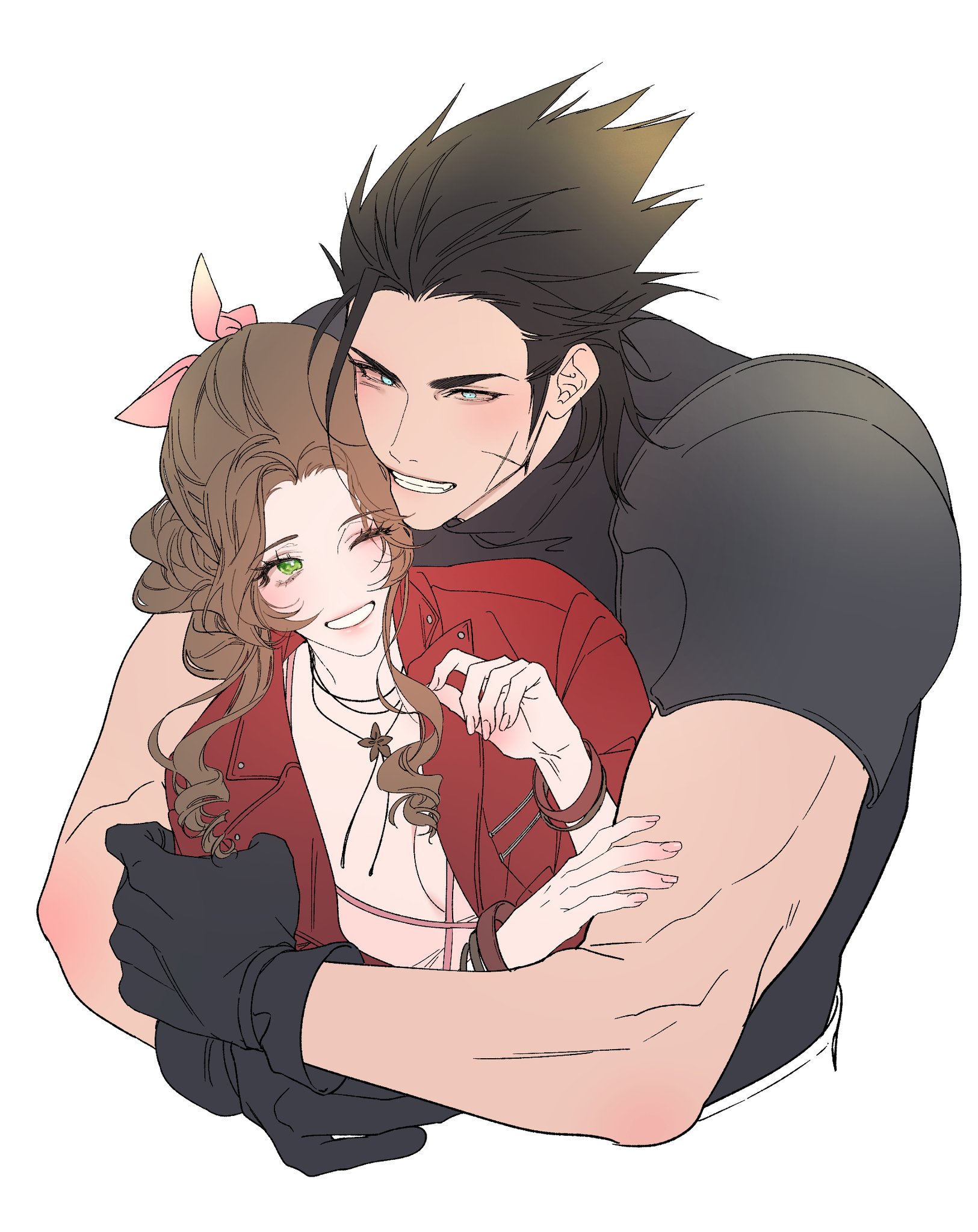 s sohwagi s, aerith gainsborough, zack fair, crisis core final fantasy vii, final fantasy, final fantasy vii, final fantasy vii remake, highres, 1boy, 1girl, armor, black gloves, black hair, blue eyes, bracelet, breasts, brown hair, cleavage, couple, cropped torso, cross scar, facial scar, gloves, green eyes, hair ribbon, hug, hug from behind, jacket, jewelry, parted bangs, parted lips, pink ribbon, red jacket, ribbon, scar, scar on cheek, scar on face, shoulder armor, sleeveless, sleeveless turtleneck, small breasts, smile, spiked hair, sweater, turtleneck, turtleneck sweater, upper body, white background