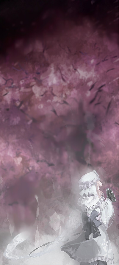 yoshioka yoshiko, saigyou ayakashi, saigyouji yuyuko, touhou, 1girl, back, cherry blossoms, female focus, folding fan, ghost, hand fan, solo, tree