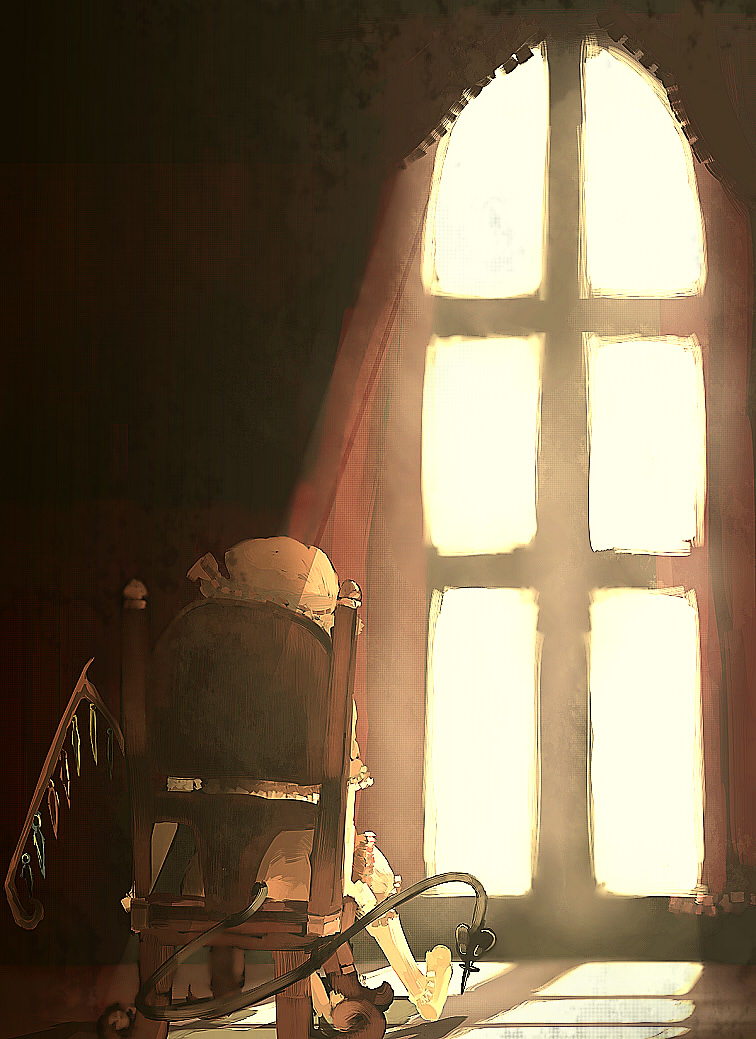 yoshioka yoshiko, flandre scarlet, touhou, light, 1girl, back, chair, female focus, hat, mob cap, sitting, solo, sunlight, white hat, window, wings
