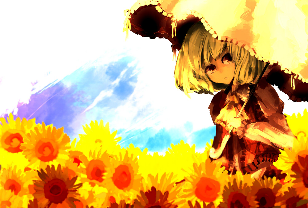 yoshioka yoshiko, kazami yuuka, touhou, 1girl, ascot, faux traditional media, female focus, field, flower, flower field, green hair, head tilt, muted color, nature, parasol, plaid clothes, plaid vest, red eyes, short hair, solo, sunflower, sunflower field, sunlight, umbrella, upper body, vest