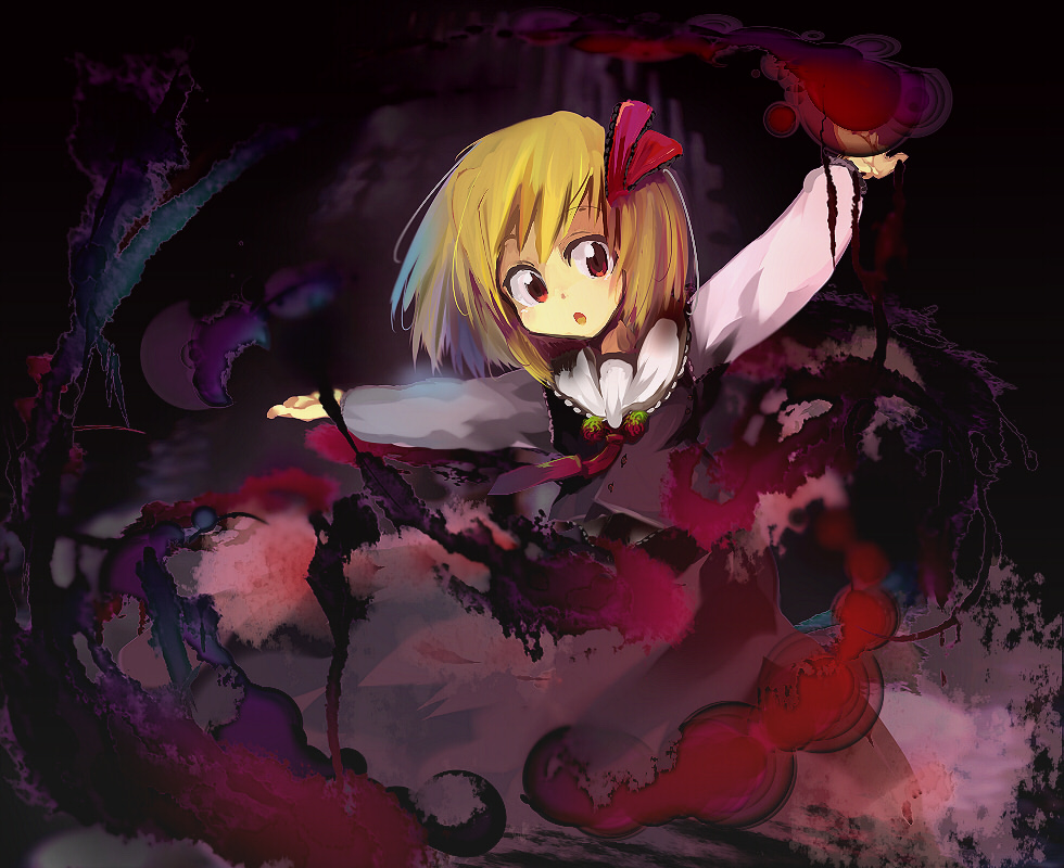 yoshioka yoshiko, rumia, embodiment of scarlet devil, touhou, 1girl, blonde hair, dark, darkness, dress, female focus, hair ribbon, open mouth, outstretched arms, red eyes, ribbon, short hair, solo, spread arms