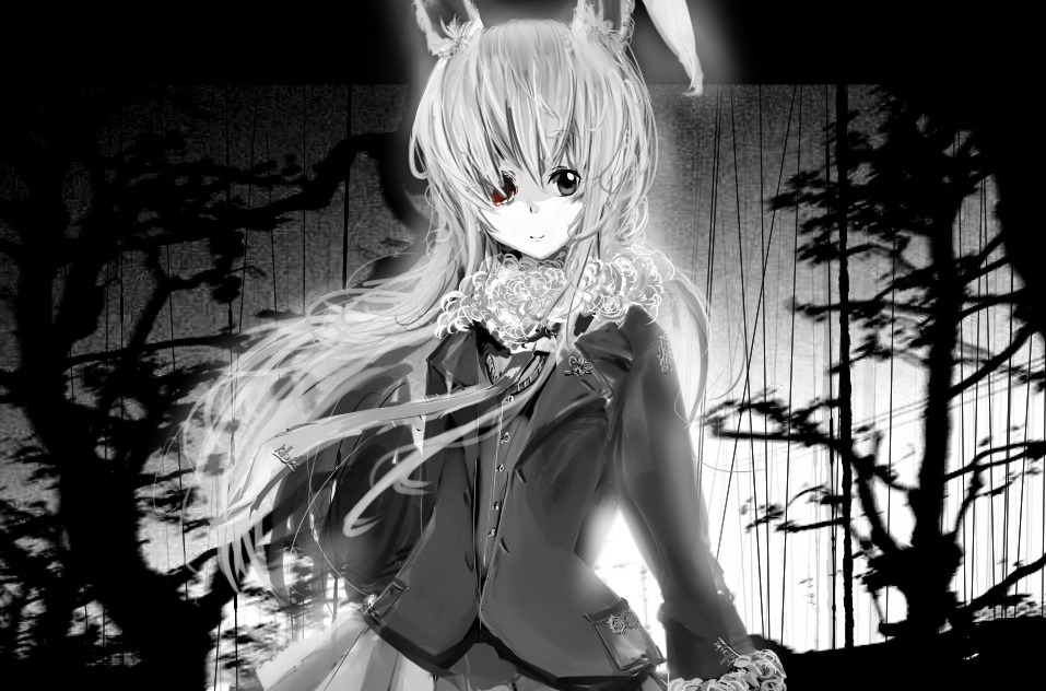 yoshioka yoshiko, reisen udongein inaba, touhou, 1girl, animal ears, female focus, greyscale, heterochromia, monochrome, one-eyed, rabbit ears, solo